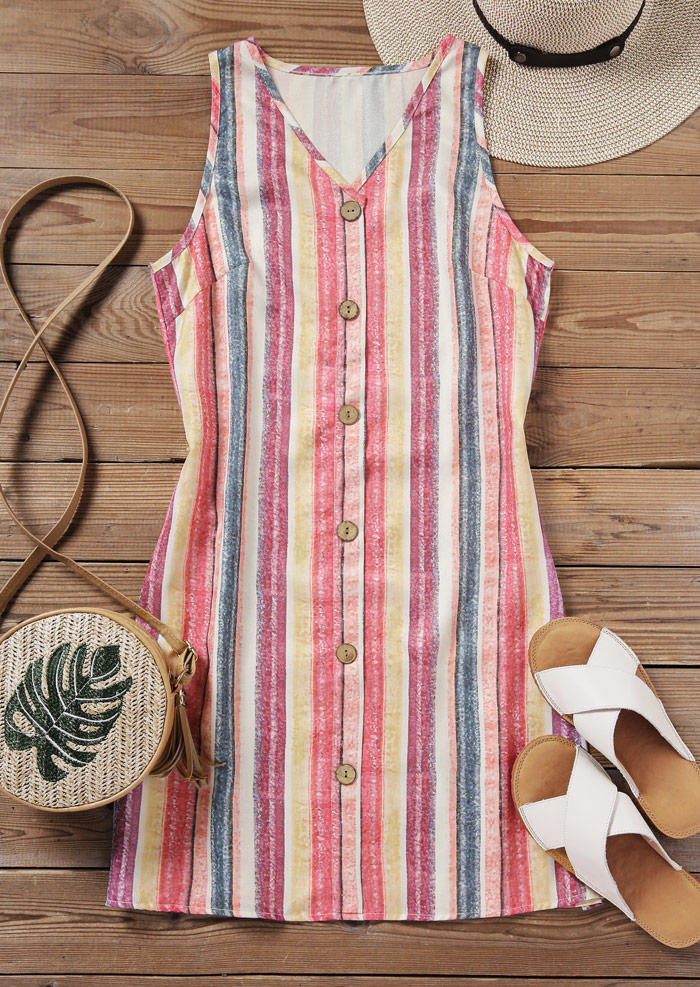 

Mini Dresses Vertical Striped Button V-Neck Sleeveless Mini Dress in Multicolor. Size