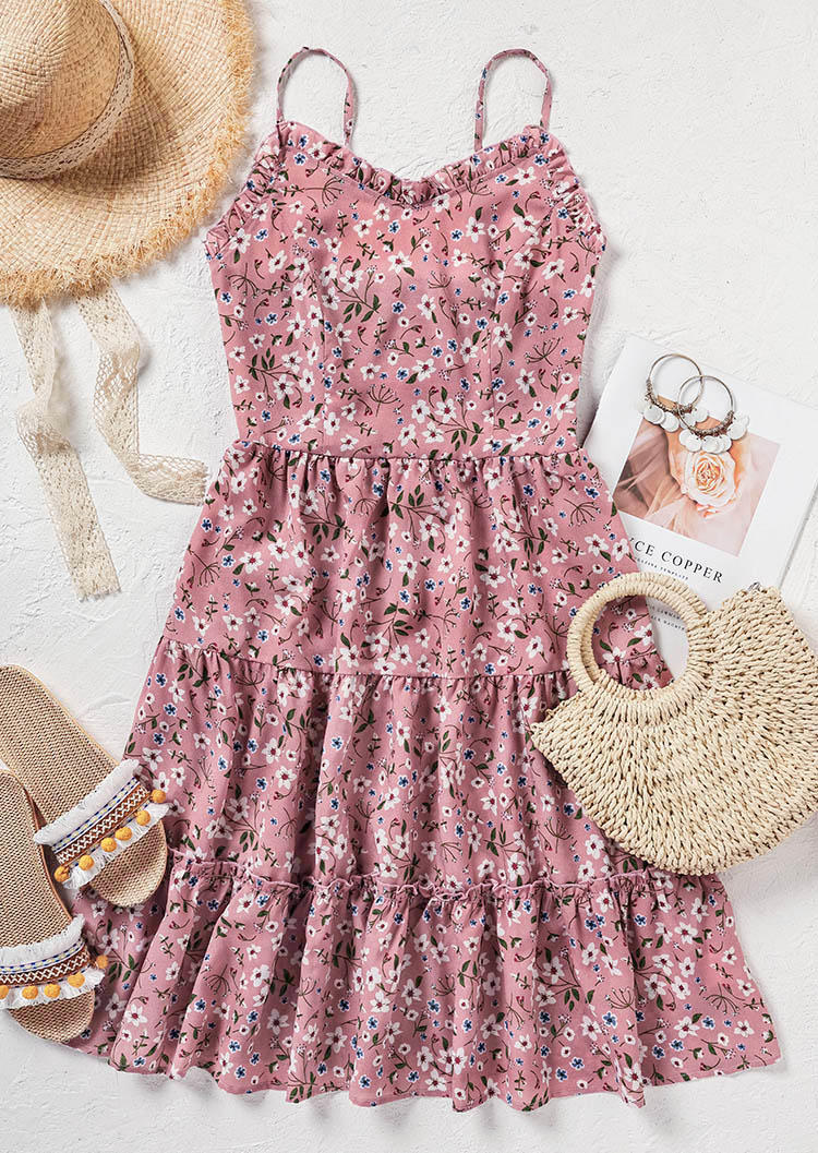 Mini Dresses Floral Ruffled Spaghetti Strap Mini Dress in Pink. Size: L,S,XL