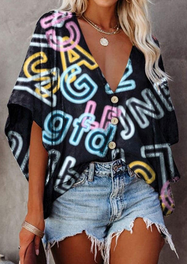 Letter Graphic Button Flare Sleeve Blouse