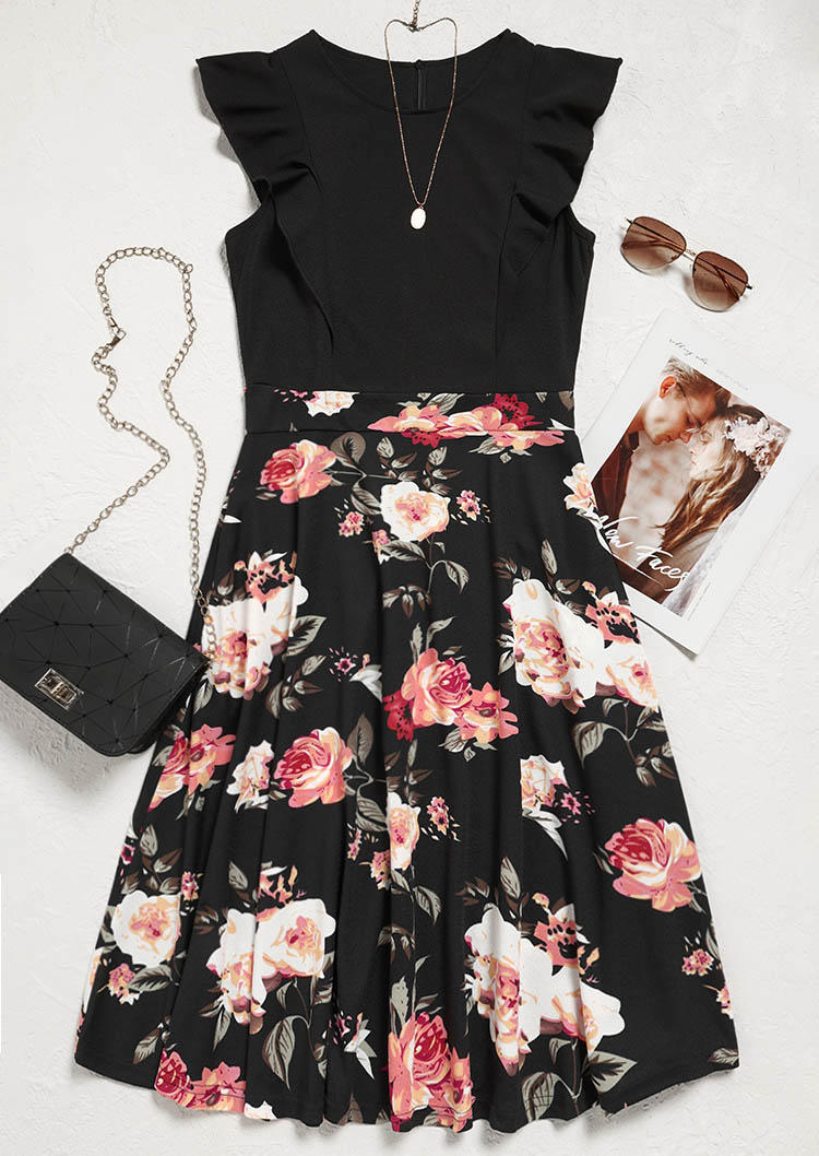 

Mini Dresses Floral Ruffled Zipper Sleeveless Mini Dress in Black. Size