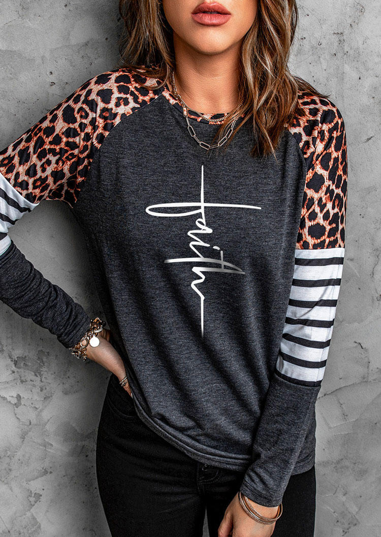 Leopard Striped Long Sleeve T-Shirt Tee without Necklace - Dark Grey