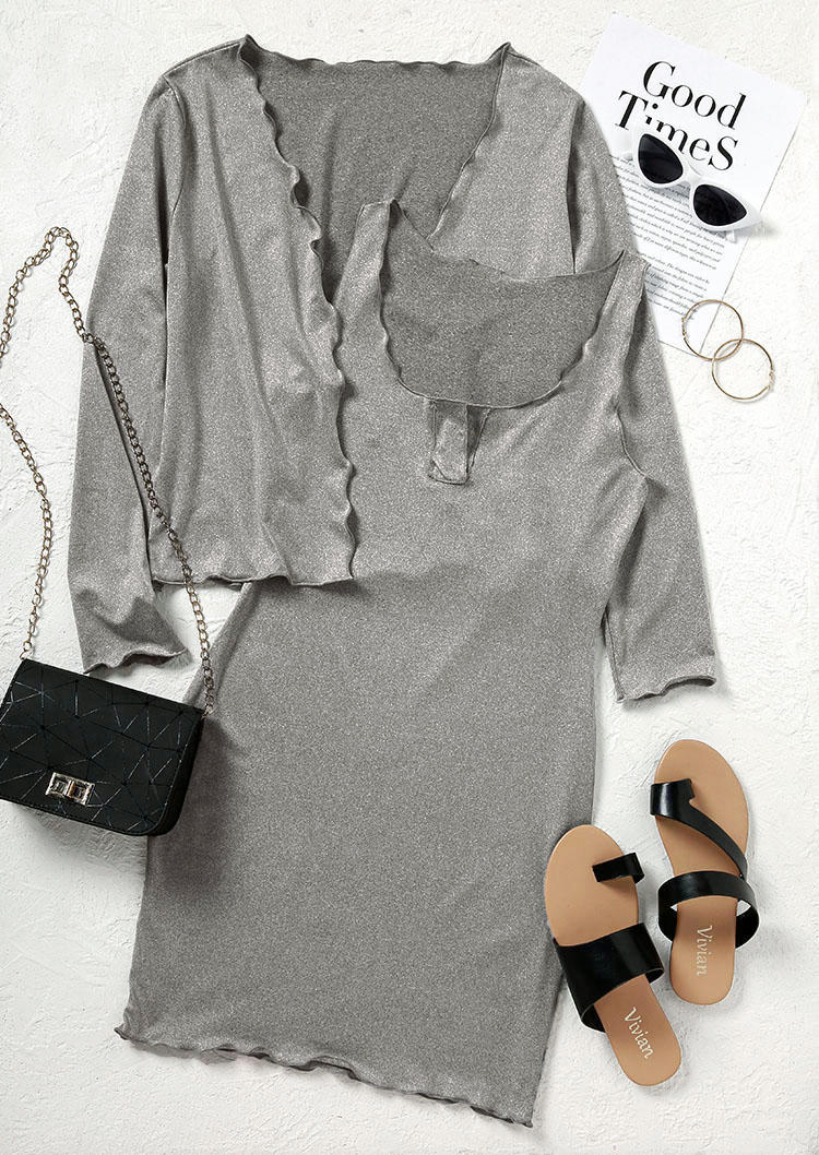Two-piece Dresses Notched Neck Sleeveless Bodycon Dress And Cardigan Outfit  in Gray. Size: L,M,S,XL