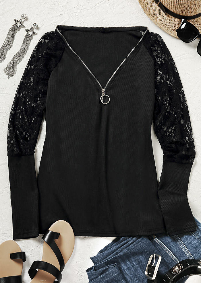 Blouses Lace Splicing Zipper Collar Blouse in Black. Size: L,M,S,XL
