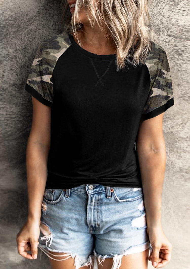 Blouses Camouflage O-Neck Short Sleeve Blouse in Black. Size: L,M,S,XL