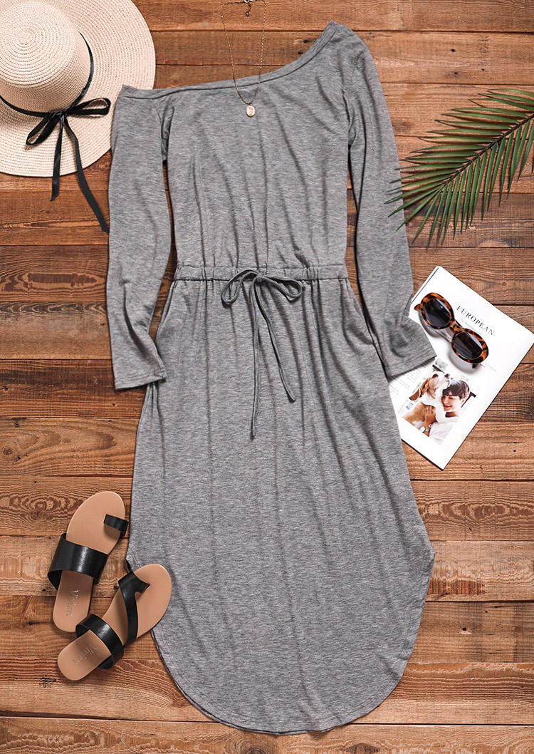 Midi Dresses Irregular Tie Pocket One Sided Cold Shoulder Midi Dress - Light Grey in Gray. Size: M,S,XL