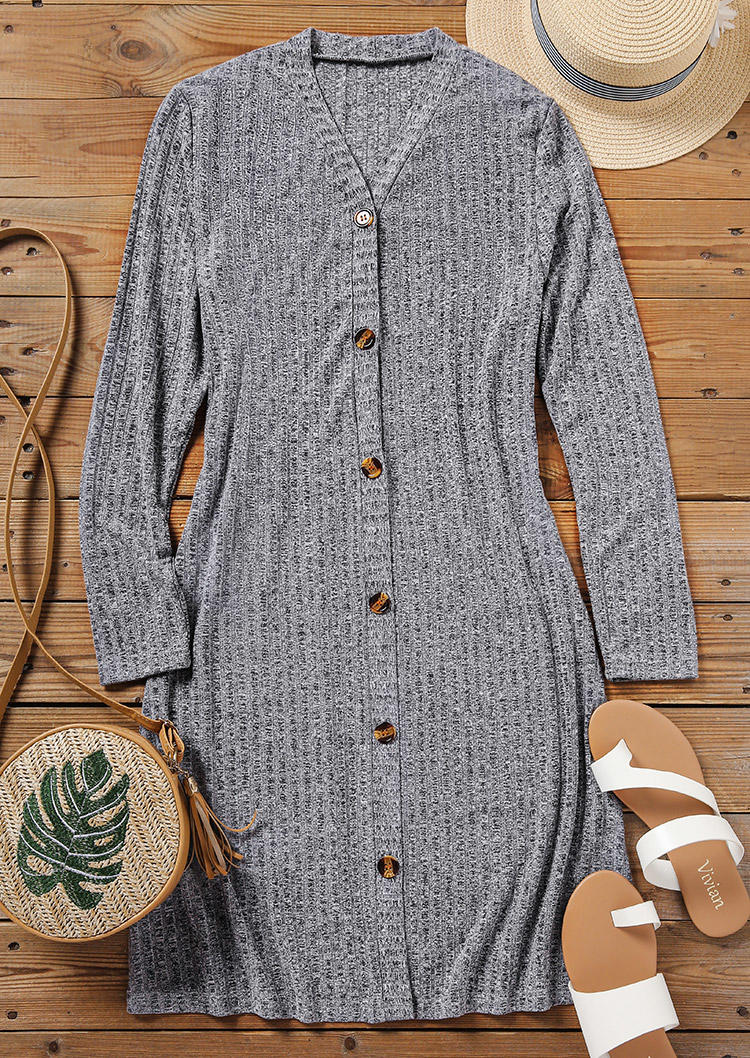 

Mini Dresses Button Long Sleeve V-Neck Mini Dress in Gray. Size: L,M