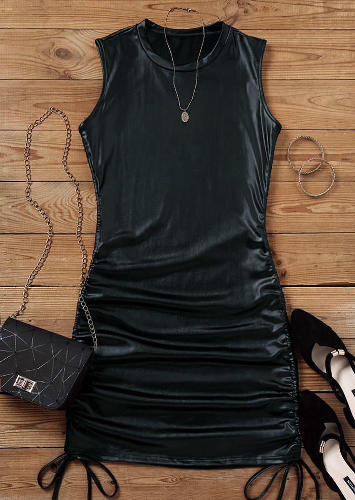 PU Leather Drawstring Sleeveless O-Neck Bodycon Dress - Black