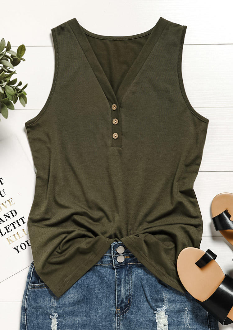 

Tank Tops Button V-Neck Casual Tank Top - Army Green in Green. Size: M