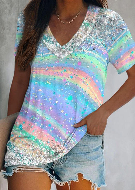 

Blouses Gradient Glitter V-Neck Casual Blouse in Multicolor. Size