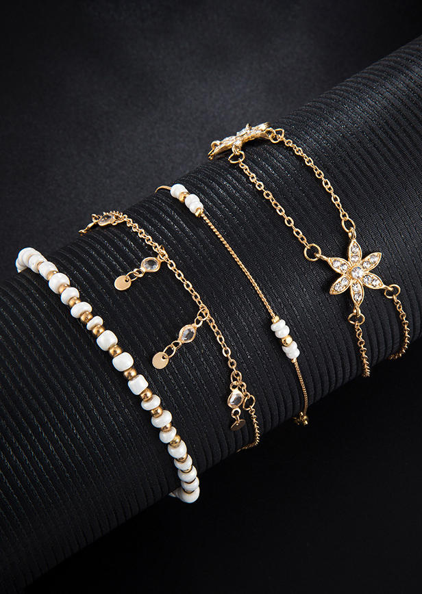 

Body Jewelry 4Pcs Floral Tassel Rhinestone Beading Anklet Set in Gold. Size
