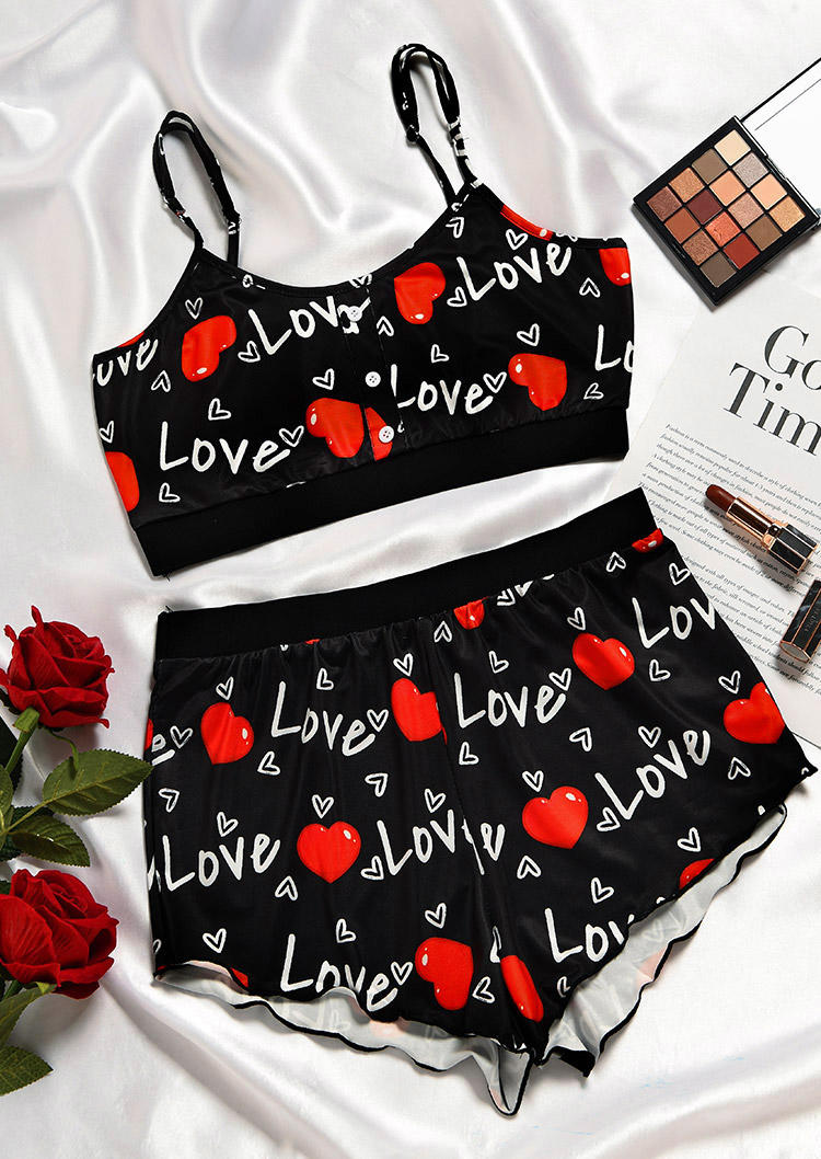 

Sleepwear Love Heart Button Camisole And Shorts Pajamas Set in Black. Size: ,M,L,XL