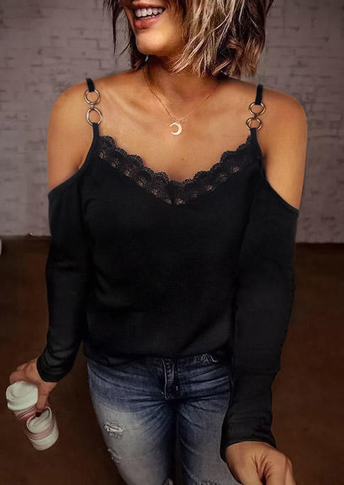 Lace Splicing Metal Chain Strap Cold Shoulder Blouse - Black