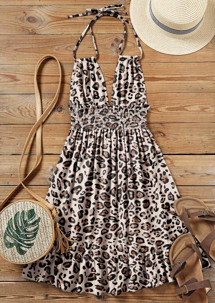Mini Dresses Leopard Smocked Ruffled Halter Mini Dress in Multicolor. Size: XL