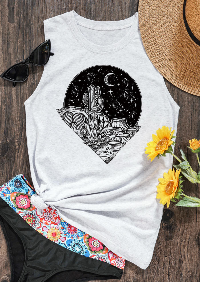 

Tank Tops Desert Night Cactus Moon Star O-Neck Tank Top in Light Grey. Size