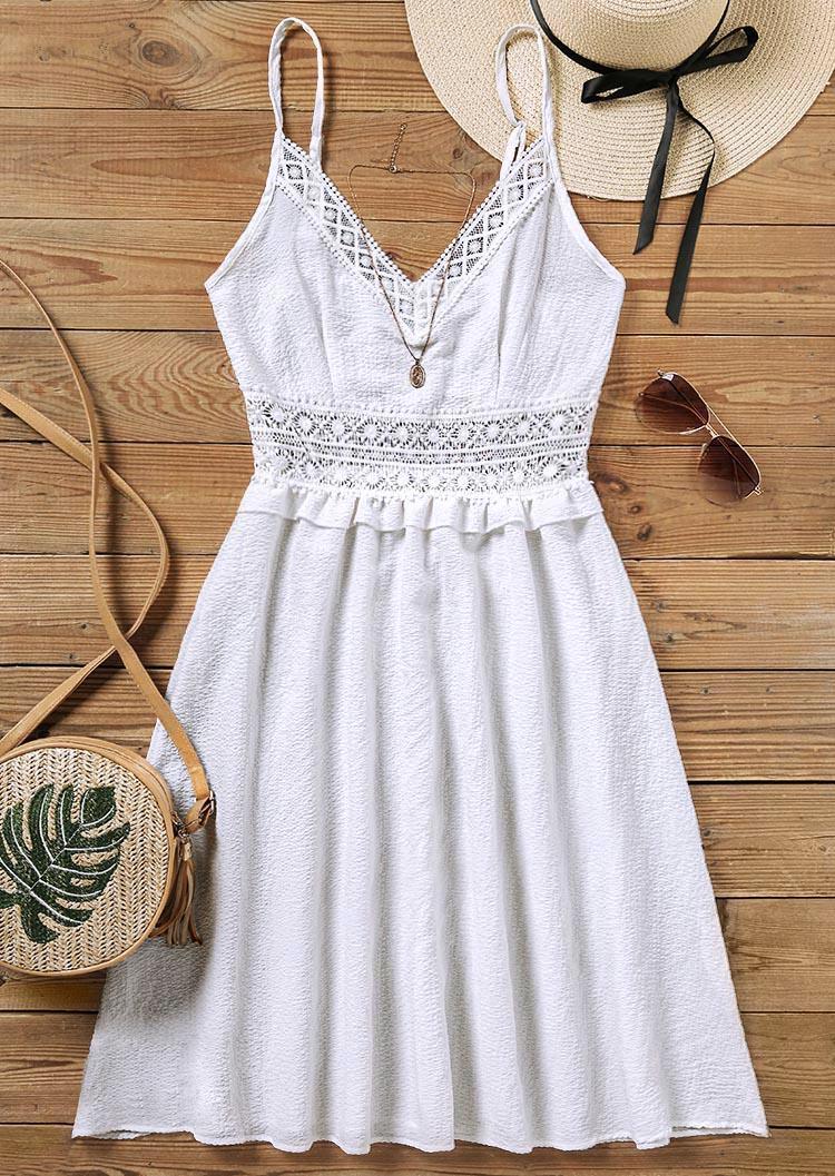 Mini Dresses Lace Splicing Ruffled Spaghetti Strap Mini Dress in White. Size: L