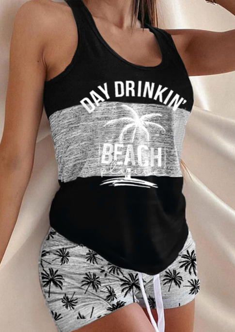 Sleepwear Day Drinkin' Beach Please Tank And Coconut Tree Shorts Pajamas Set in Multicolor. Size: L,M,S
