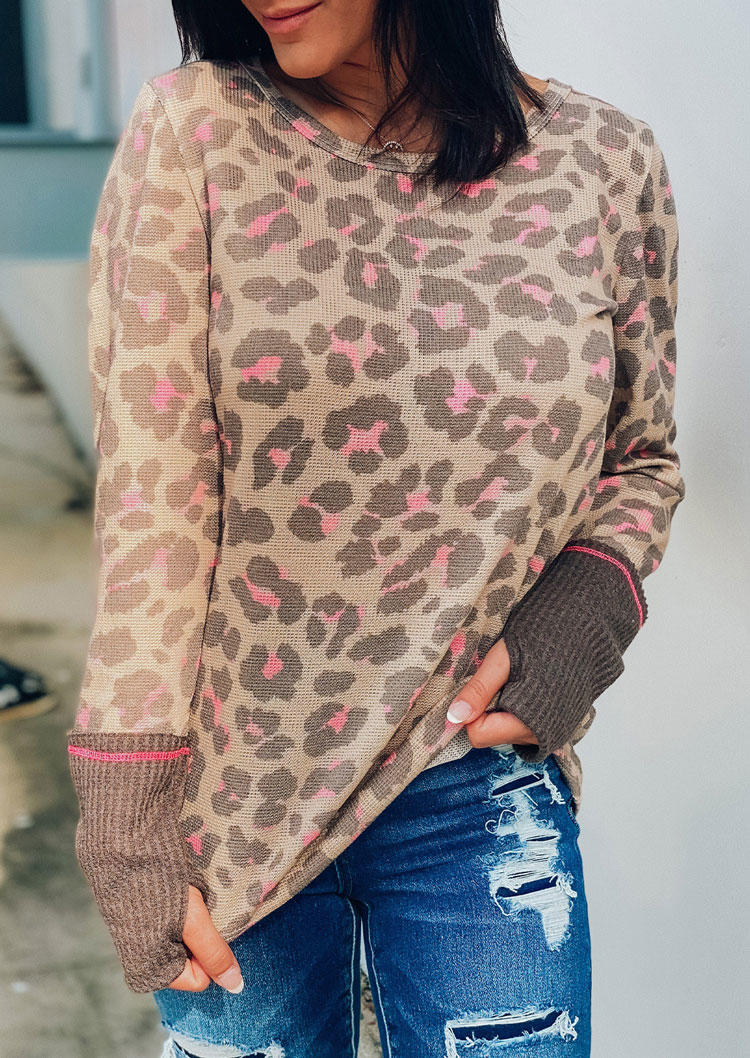 Blouses Leopard Long Sleeve O-Neck Blouse in Multicolor. Size: S,XL