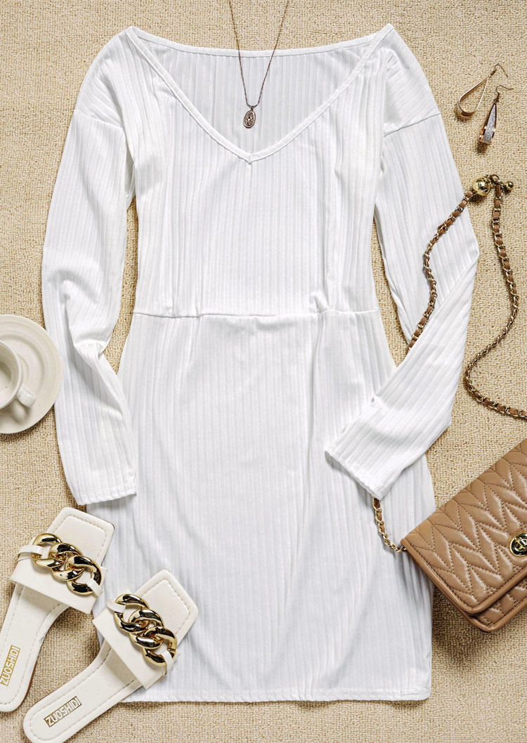 

Bodycon Dresses V-Neck Long Sleeve Knitted Bodycon Dress in White. Size