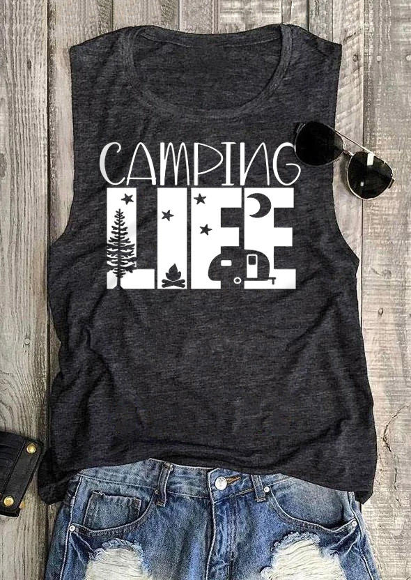 

Tank Tops Camping Life Star Moon O-Neck Tank Top in Gray. Size
