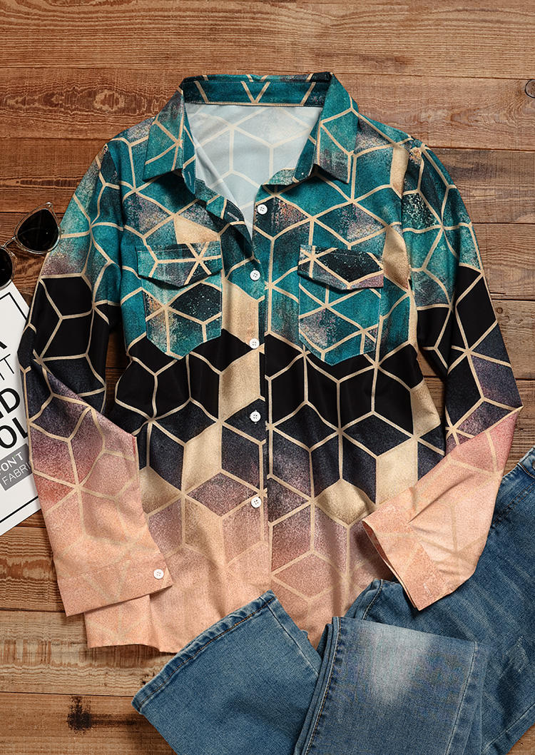Shirts Geometric Gradient Pocket Long Sleeve Shirt in Multicolor. Size: L,M,S,XL