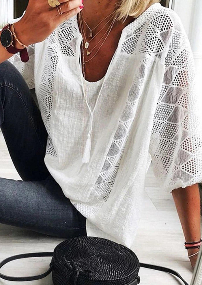 

Blouses Lace Splicing Hollow Out Tassel Casual Blouse in White. Size