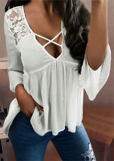 Blouses Lace Splicing Criss-Cross Flare Sleeve Blouse in White. Size: L,M,S,XL