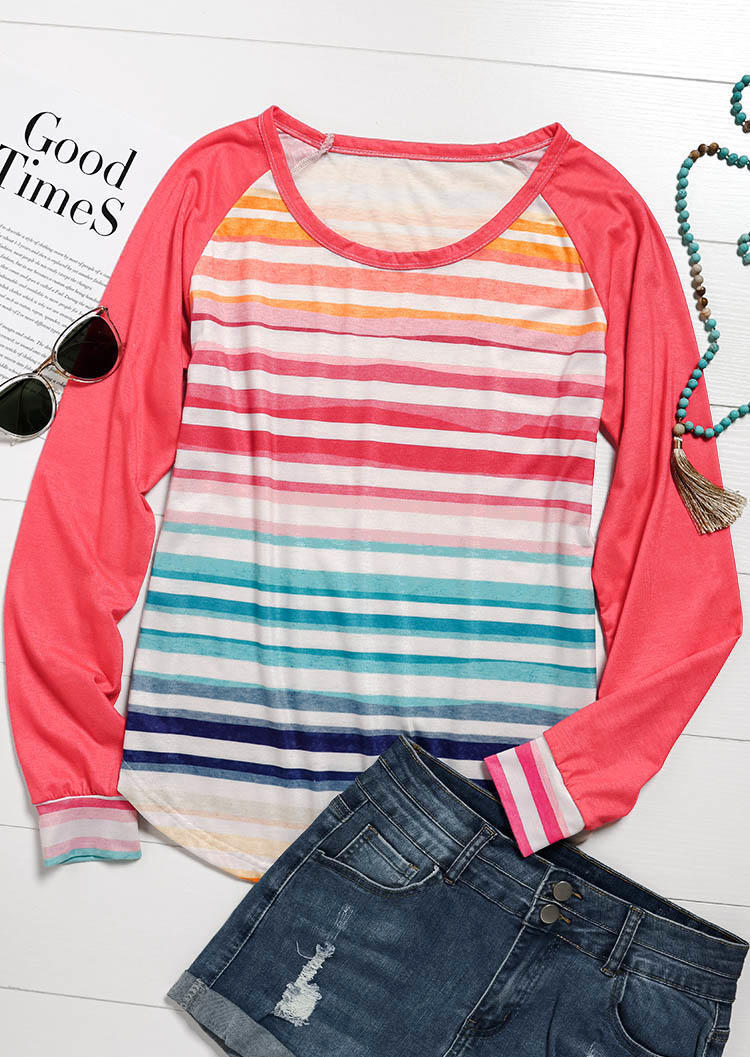 

Blouses Colorful Striped Long Sleeve O-Neck Blouse in Multicolor. Size