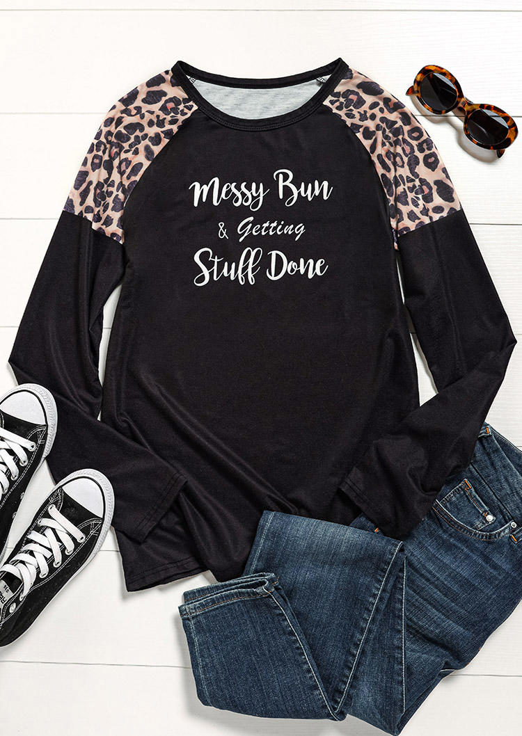 T-shirts Tees Messy Bun & Getting Stuff Done Leopard T-Shirt Tee in Black. Size: L,M,S