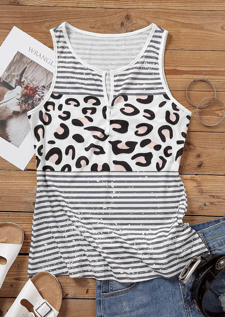 

Tank Tops Leopard Striped Button Notched Neck Tank Top in Multicolor. Size