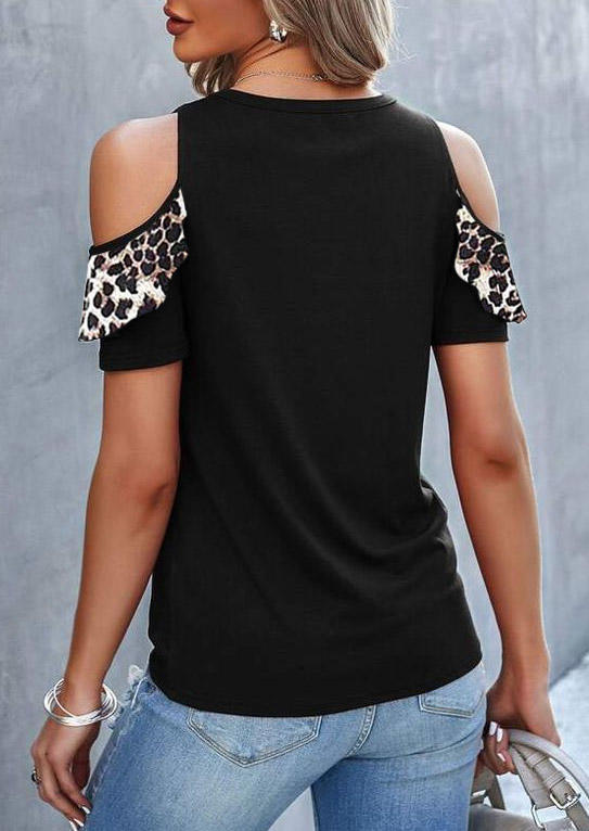 Blouses Leopard Cold Shoulder O-Neck Blouse in Black. Size: S