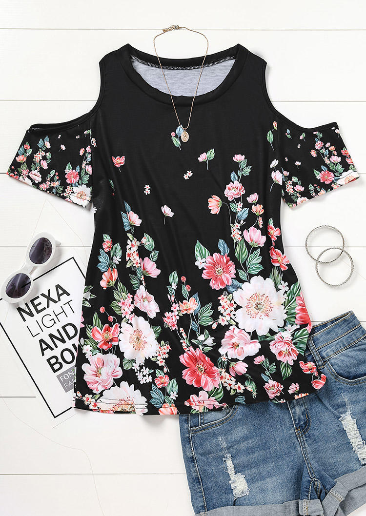 

Blouses Floral Cold Shoulder O-Neck Blouse in Black. Size