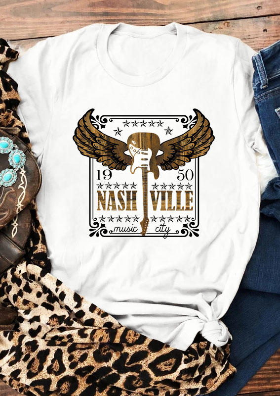 

T-shirts Tees Nashvlle Music City Guitar O-Neck T-Shirt Tee in White. Size