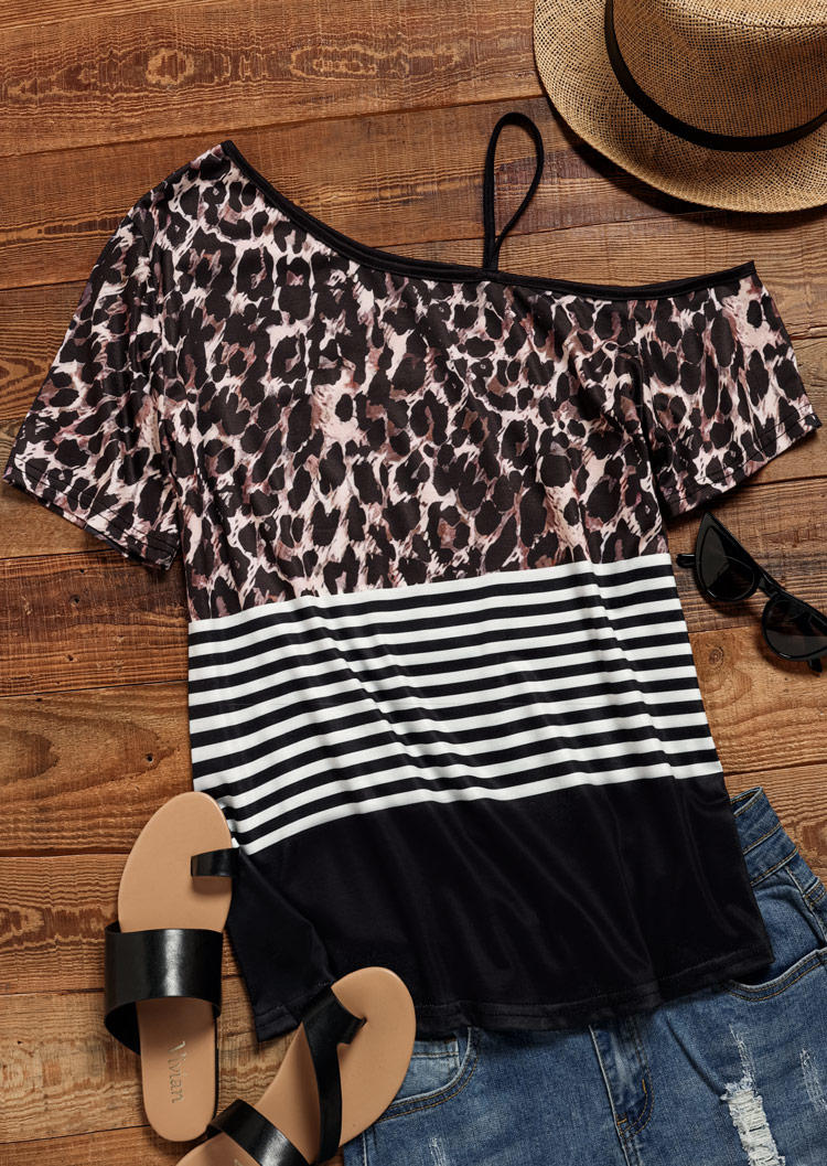 

Blouses Leopard Striped One Sided Cold Shoulder Blouse in Multicolor. Size