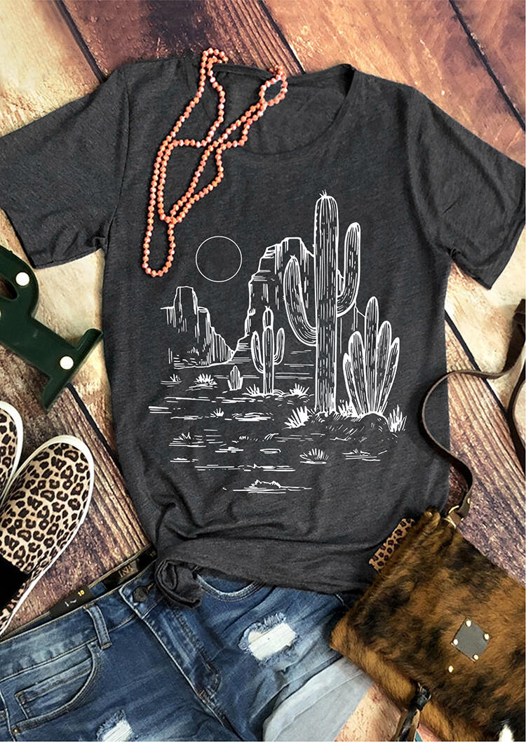 T-shirts Tees Cactus Desert O-Neck T-Shirt Tee - Dark Grey in Gray. Size: L,M,S,XL