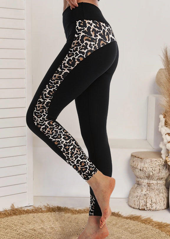 Activewear Leopard High Elastic Waist Activewear Leggings in Black. Size: L,M,XL