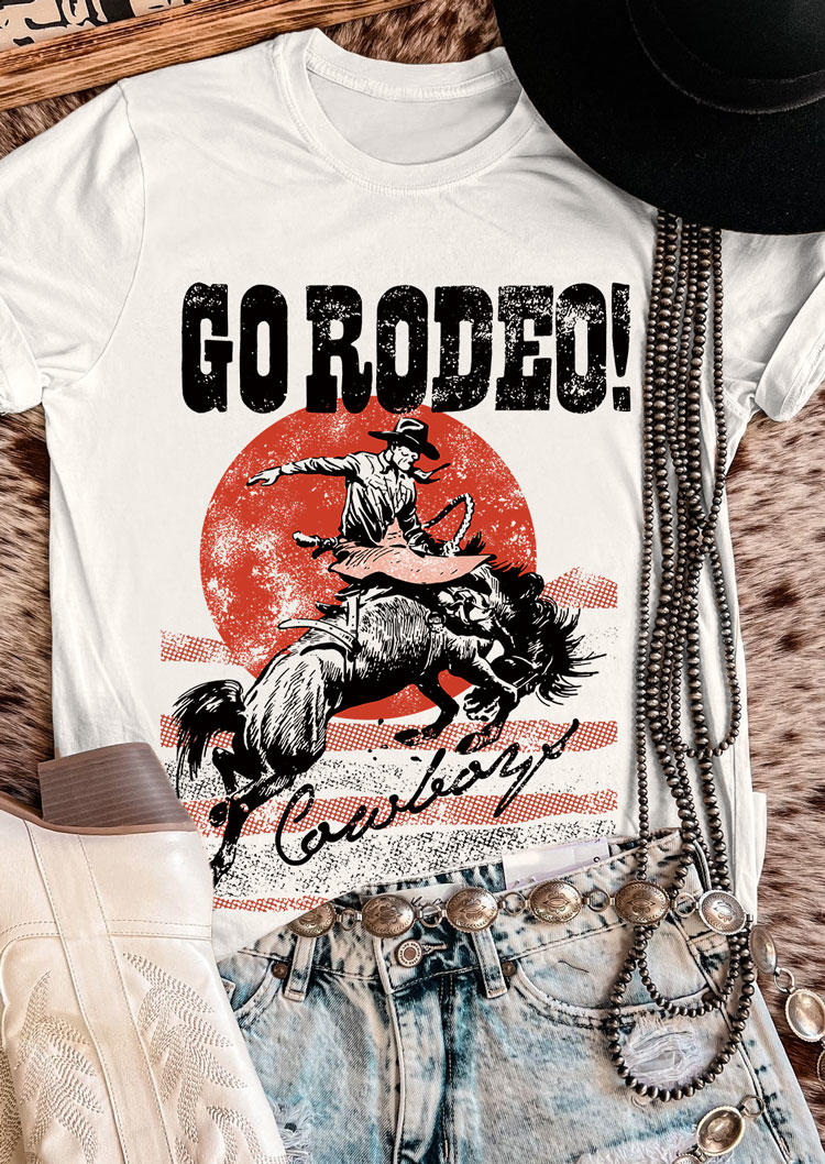 T-shirts Tees Go Rodeo Cowboy O-Neck T-Shirt Tee in White. Size: L,M,S,XL