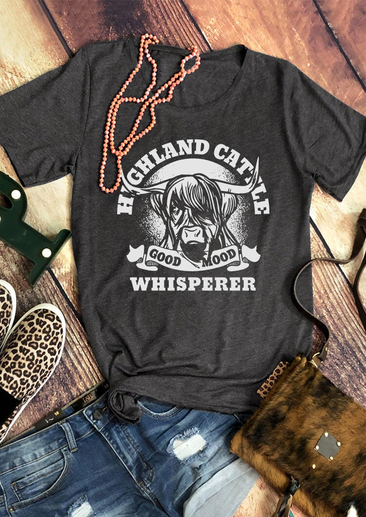 T-shirts Tees Highland Cattle Whisperer Good Mood O-Neck T-Shirt Tee - Dark Grey in Gray. Size: L,M,S,XL