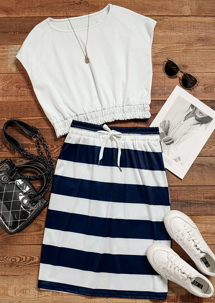 Two-Piece Sets Crop Tank And Striped Slit Drawstring Skirt Two-Piece Set in Blue. Size: XL