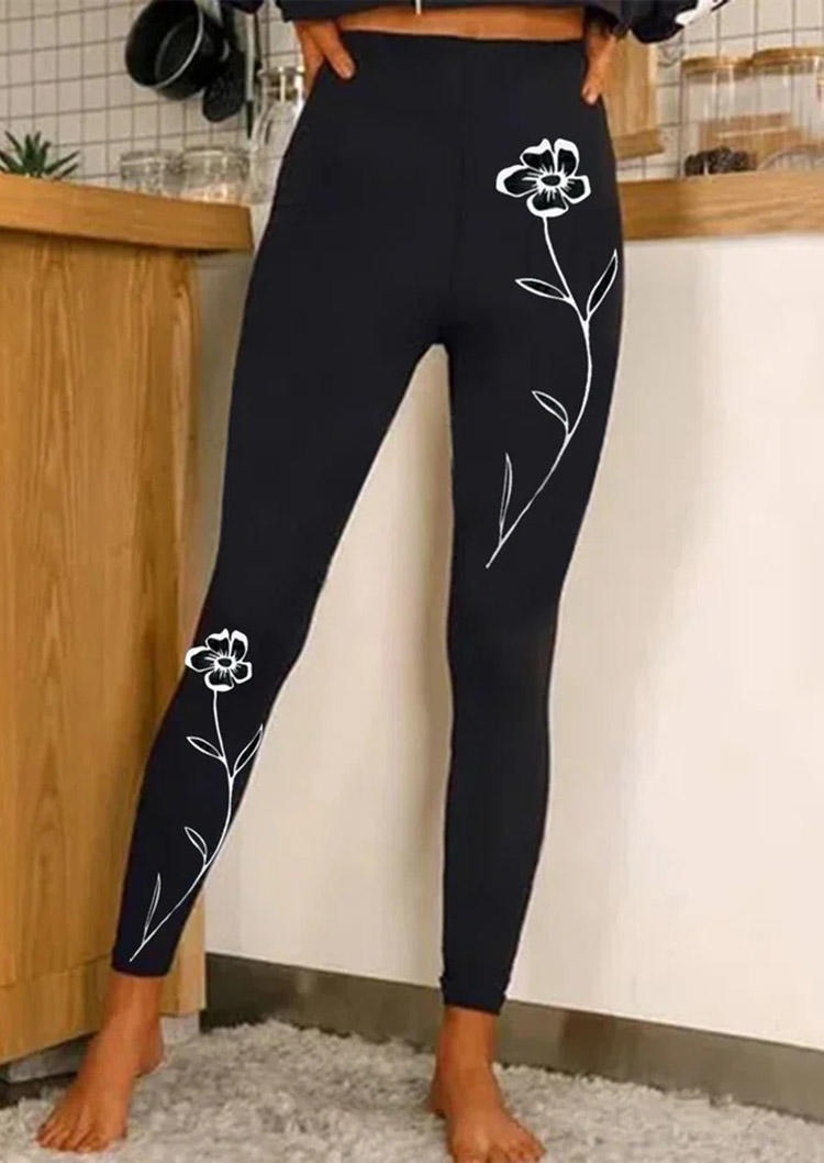 

Leggings Floral Elastic Waist Leggings in Black. Size: ,M,L,XL