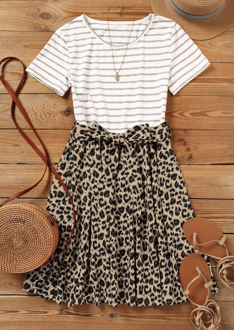 Mini Dresses Striped Leopard Short Sleeve O-Neck Mini Dress in Multicolor. Size: XL