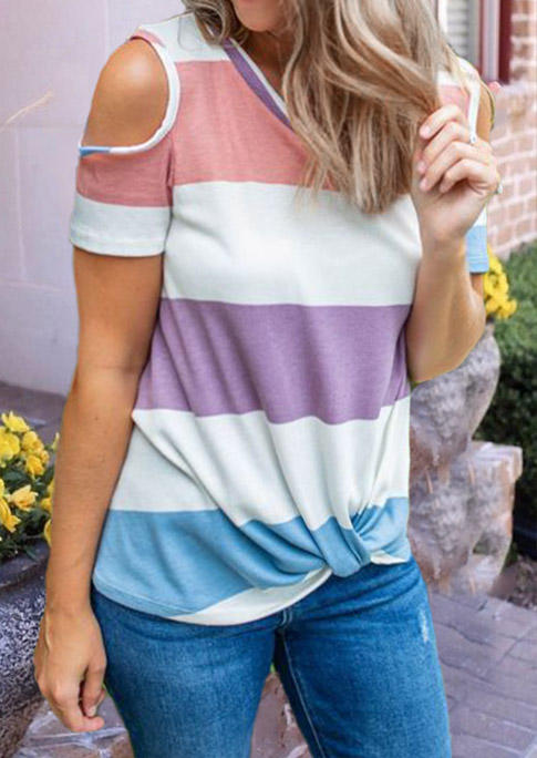 

Blouses Color Block Twist Cold Shoulder O-Neck Blouse in Multicolor. Size