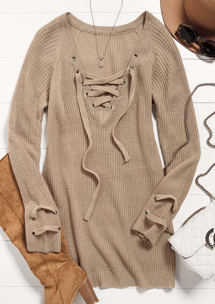 

Sweater Dresses Lace Up Long Sleeve Sweater Dress in Khaki. Size