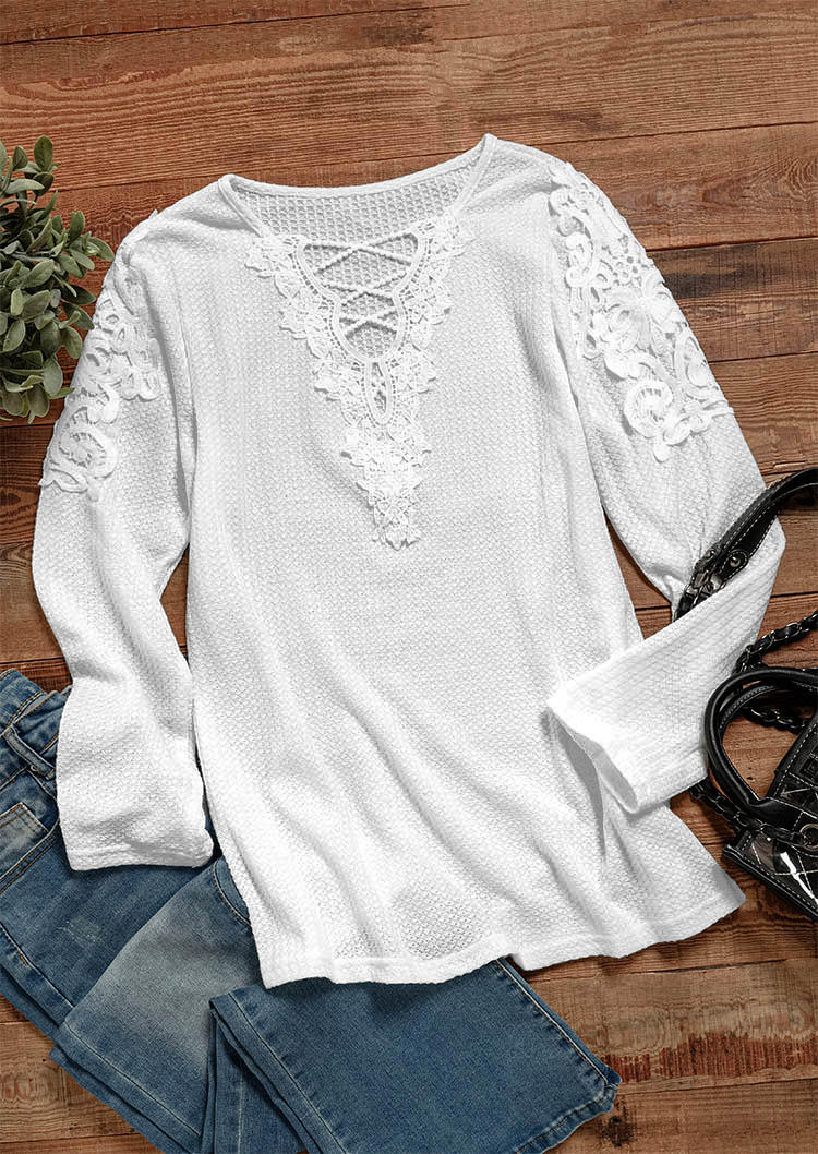 Blouses Lace Splicing Criss-Cross Long Sleeve Blouse in White. Size: M,S,XL