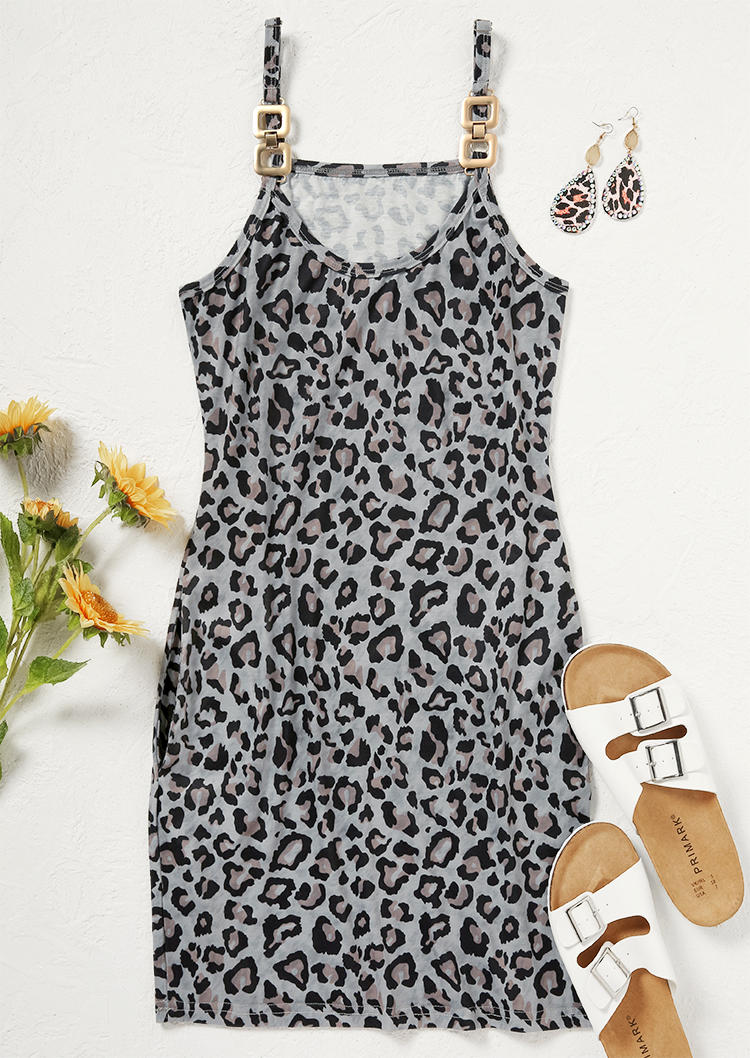 Mini Dresses Leopard Pocket Metal Chain Spaghetti Strap Mini Dress in Multicolor. Size: L,XL