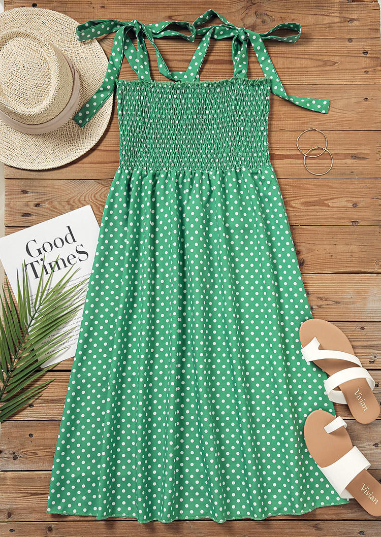 

Midi Dresses Polka Dot Smocked Tie Sleeveless Midi Dress in Green. Size: ,XL