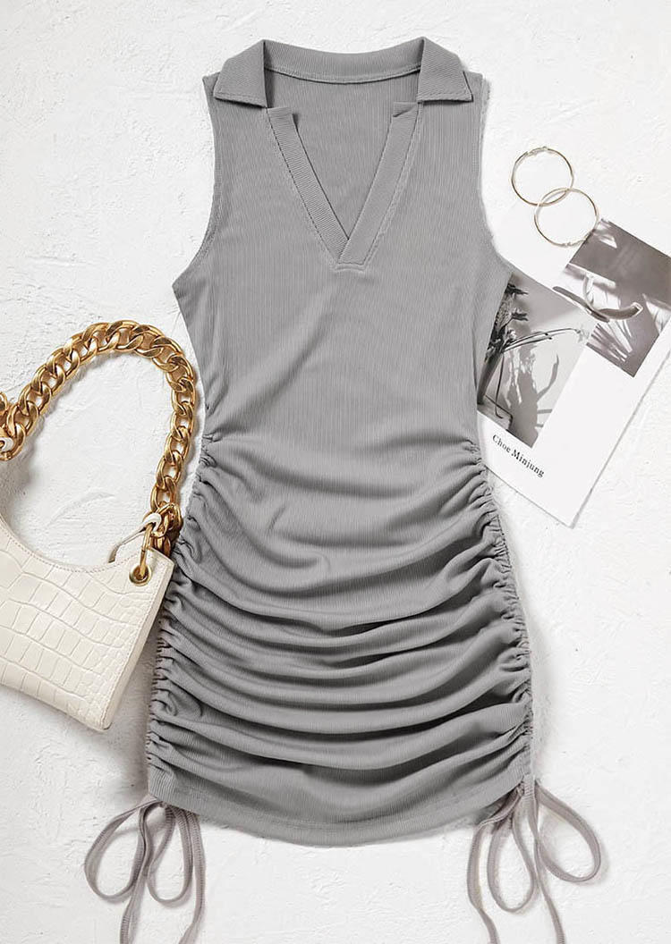 Bodycon Dresses Drawstring Tie V-Neck Bodycon Dress in Gray. Size: L,S,XL