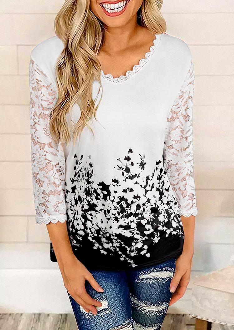 

Blouses Lace Splicing Floral V-Neck Blouse in White. Size