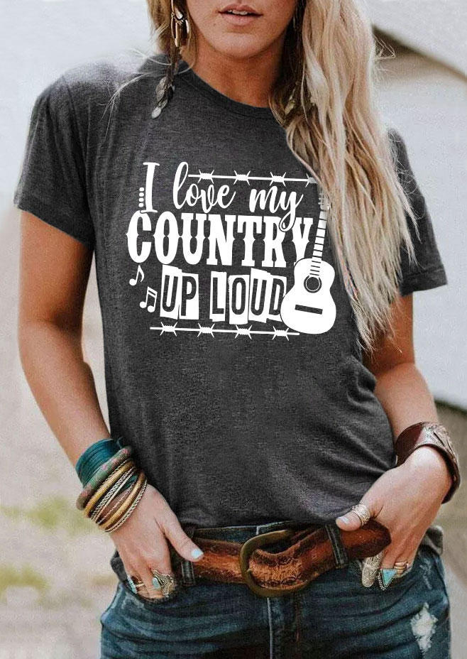 

T-shirts Tees I Love My Country Up Load Guitar T-Shirt Tee - Dark Grey in Gray. Size