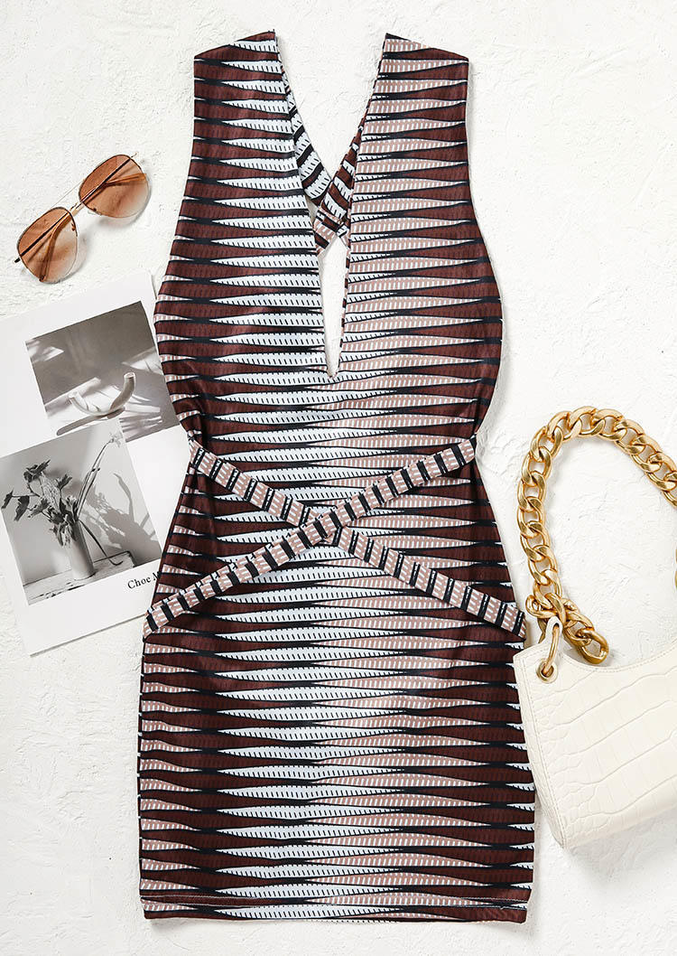 

Bodycon Dresses Striped Criss-Cross Open Back Bodycon Dress in Brown. Size: L