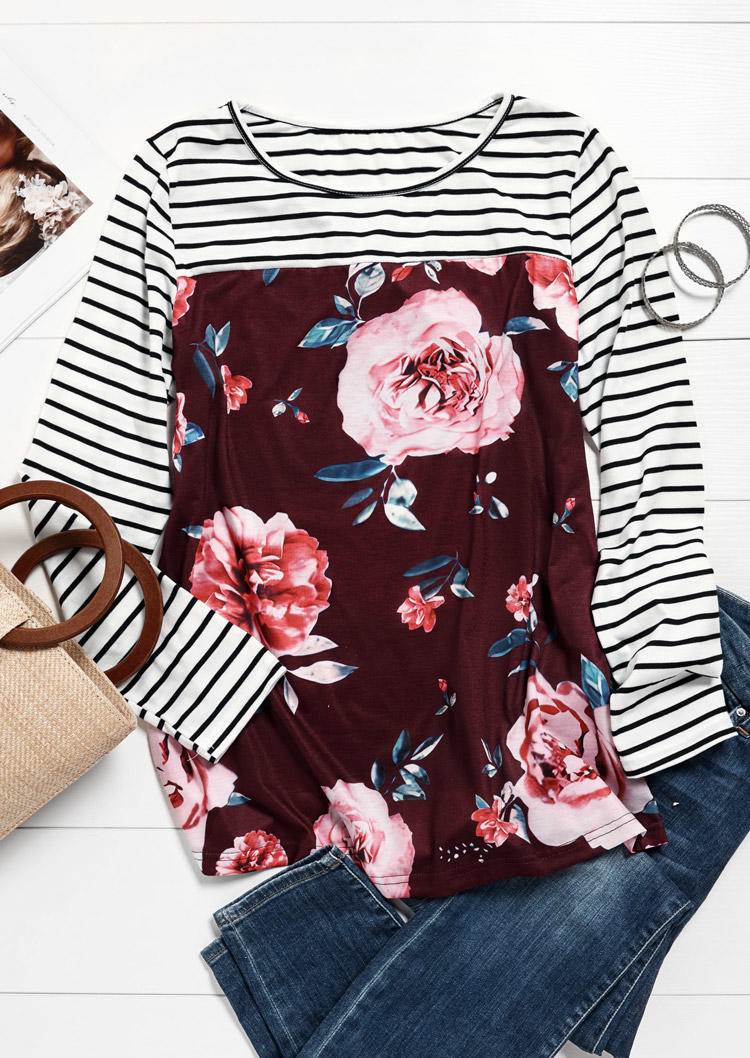 

Blouses Floral Striped O-Neck Long Sleeve Blouse in Red. Size
